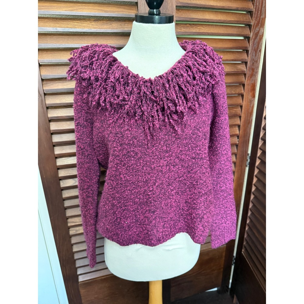 Norton McNaughton Petites PXL Sweater Berry Marled Fringe Neck Long Sleeve